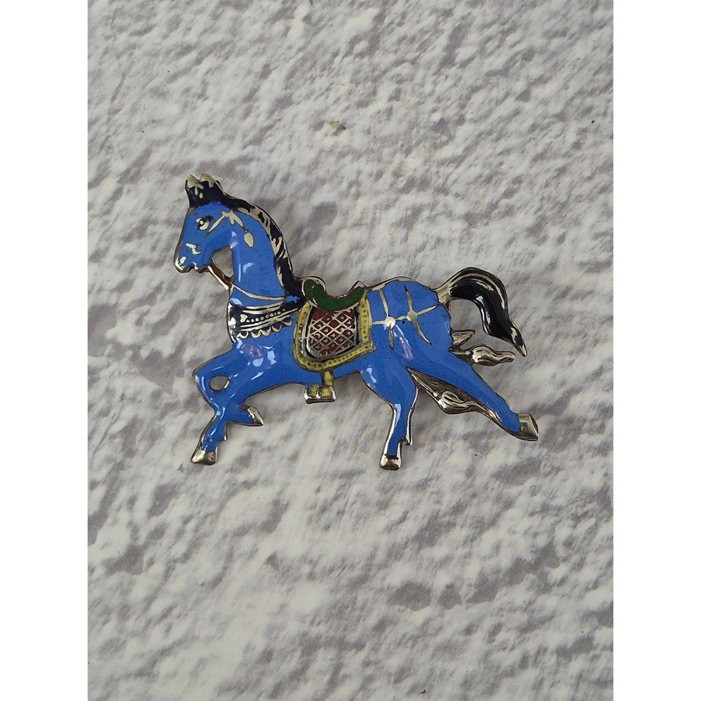 Siam Sterling Vintage Blue Enamel Horse Brooch Pin Silver Equestrian Thai